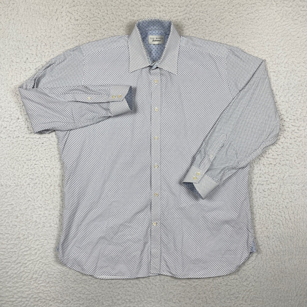Ted Baker Button Down Mens 17 32/33 White Blue Endurance Geometric Diamond Print